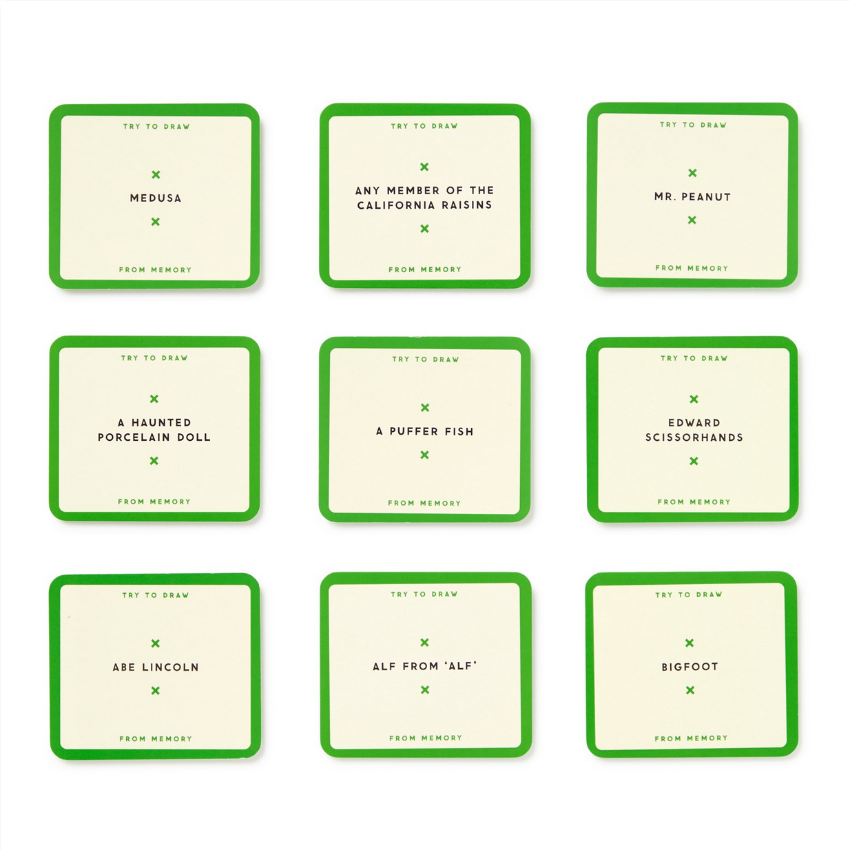 Set of 9 cards with character names and prompts on a white background