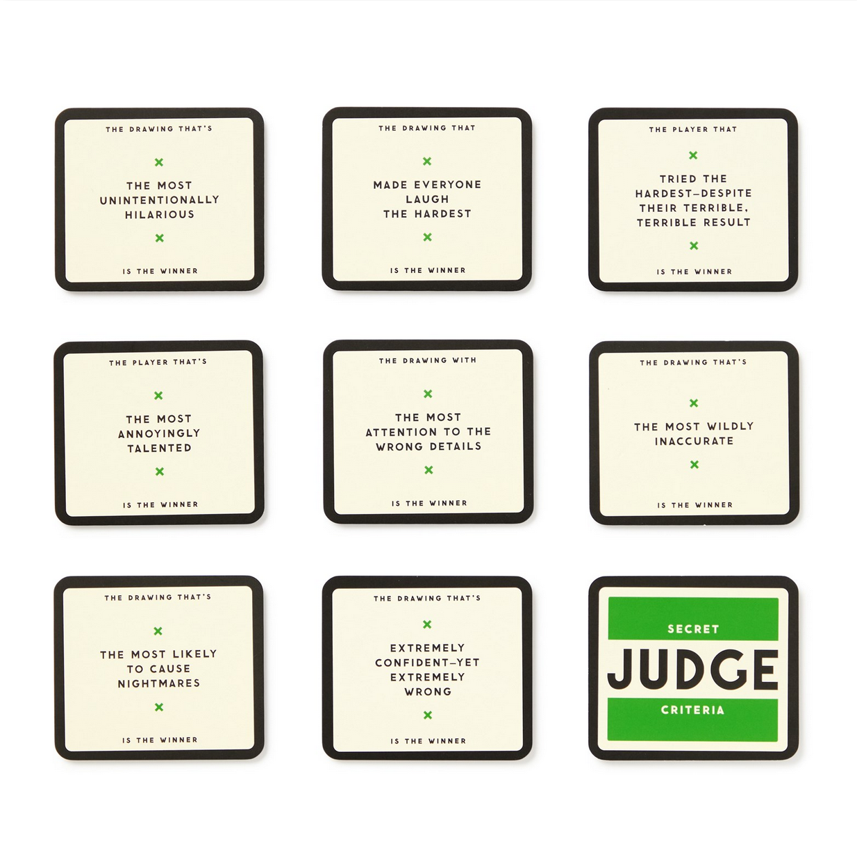 Set of coasters with humorous text on a white background