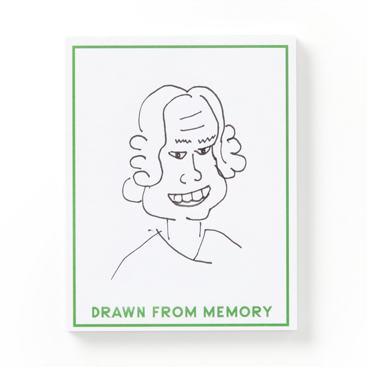 Cartoon-style illustration of a person with a green border and text 'Drawn from Memory' on a white background