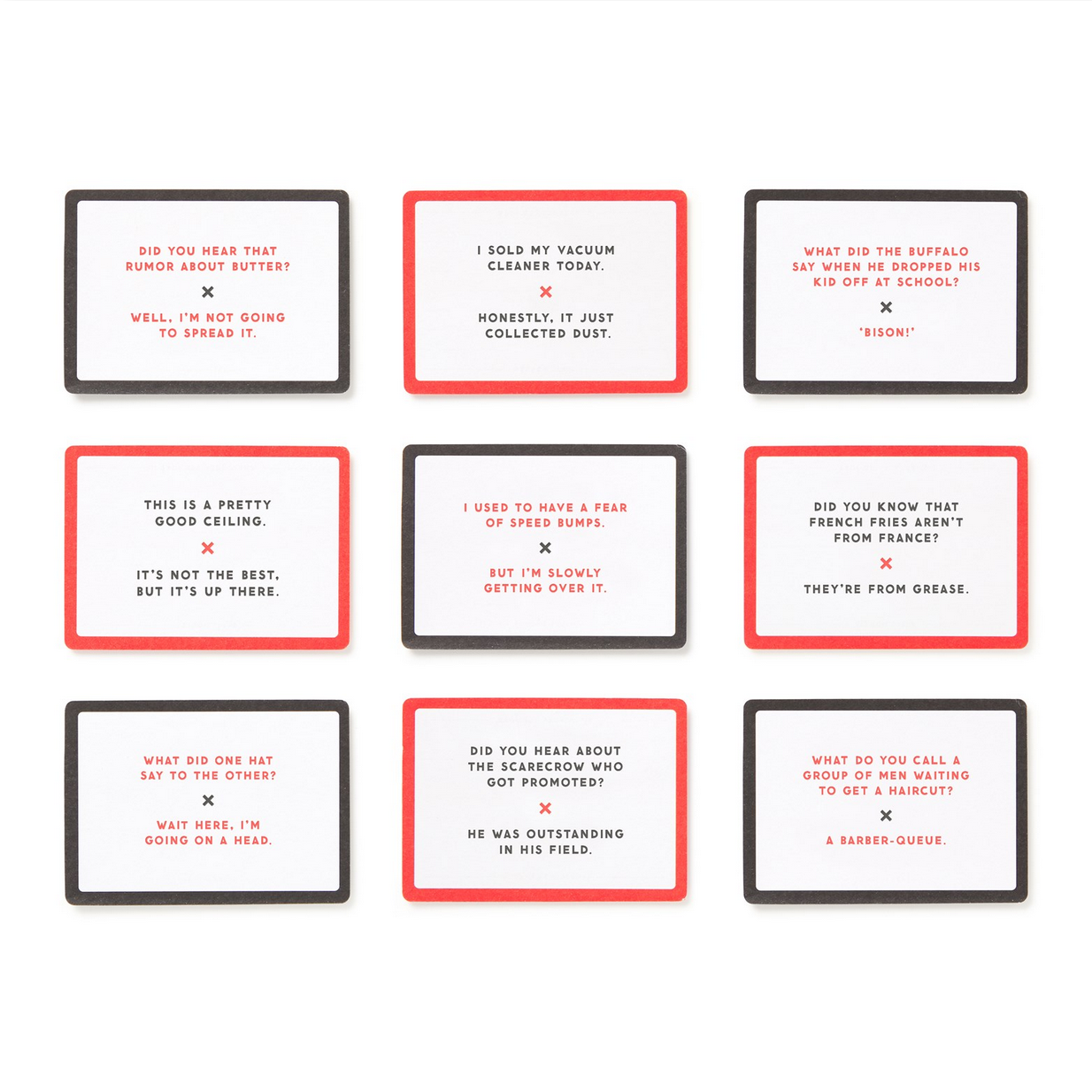Set of humorous text cards with black borders and red accents on a white background