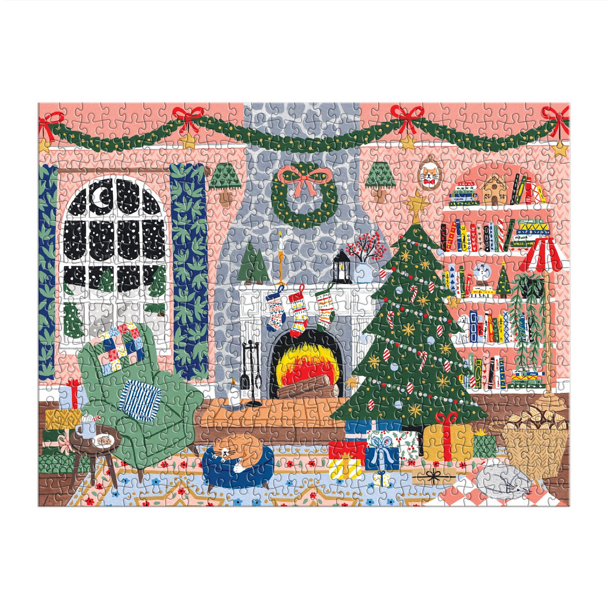 Christmas-themed puzzle with a living room scene featuring a tree, fireplace, and presents.