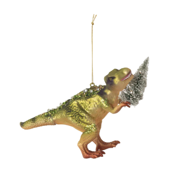Decorative ornament of a dinosaur with a small tree against a white background
