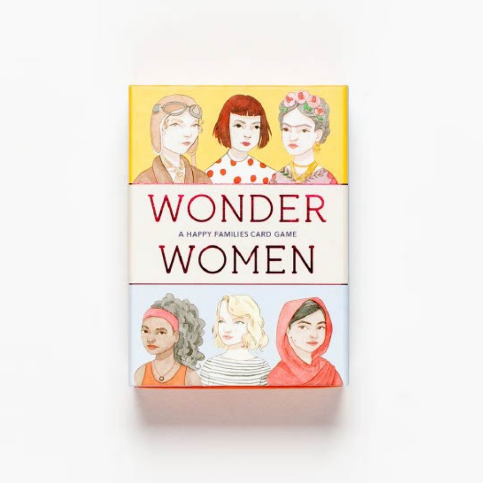 Card game box titled 'Wonder Women' with illustrations of women on a white background