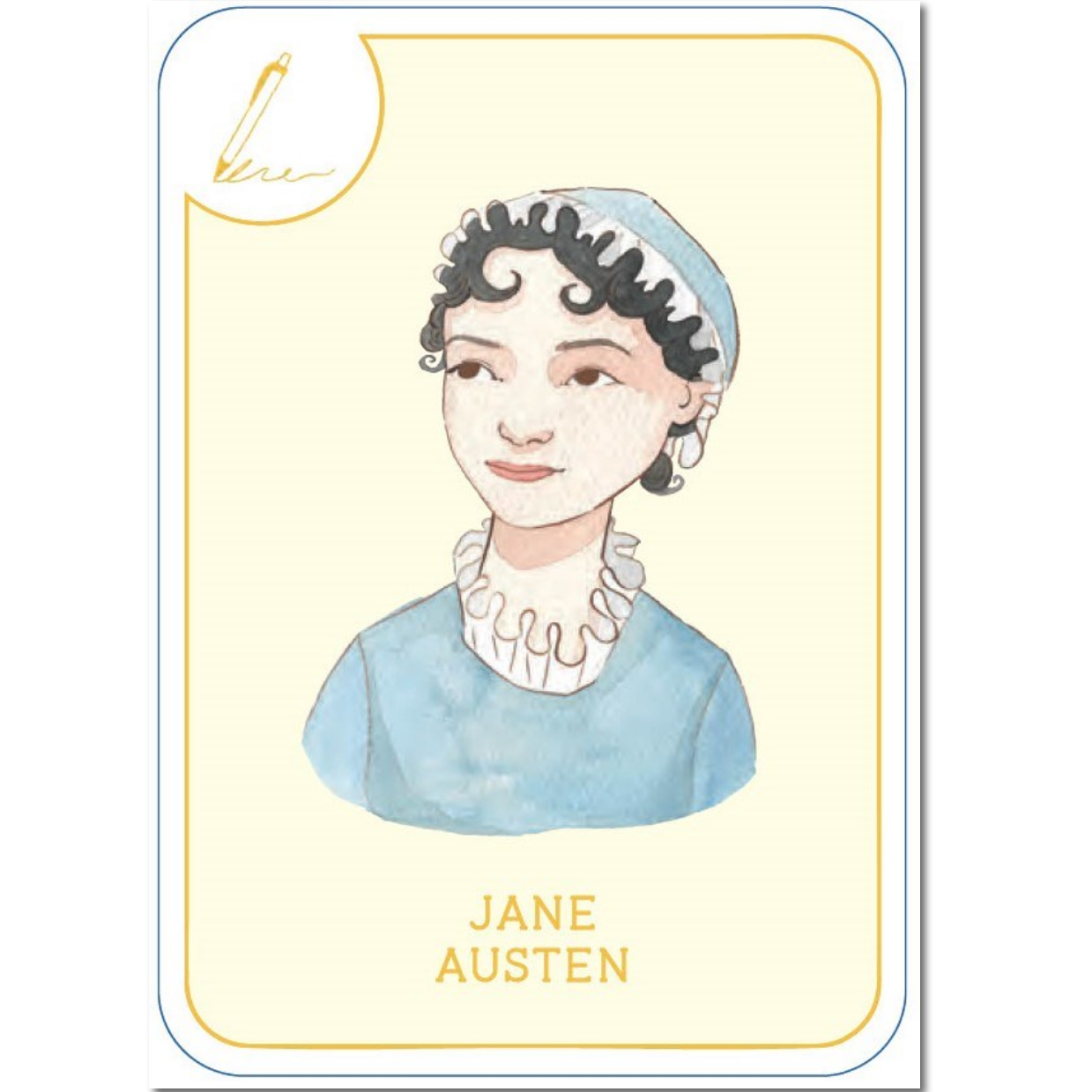 Card with a portrait of Jane Austen and her name on a light yellow background