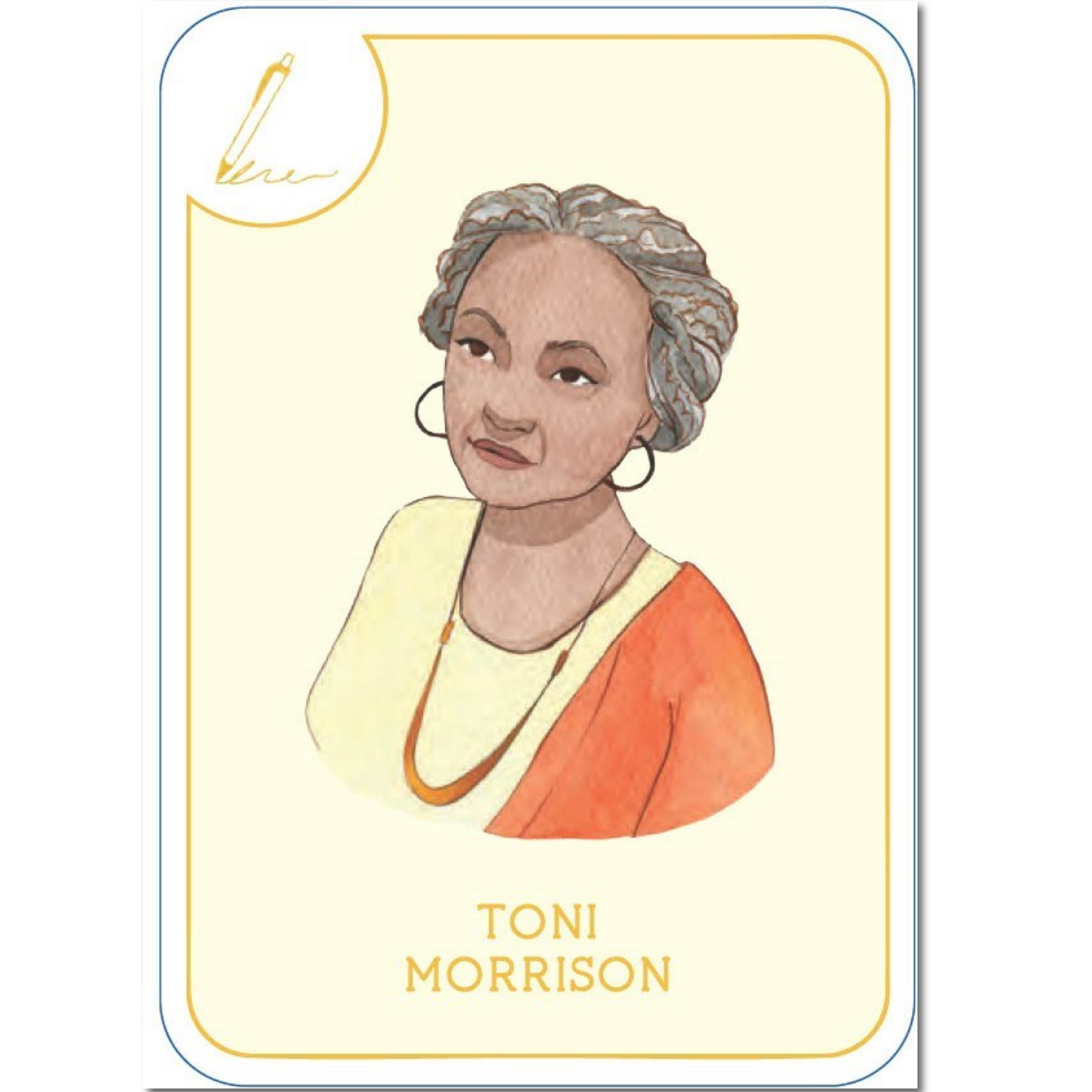 Card with illustration of a person wearing an orange top and yellow cardigan on a white background