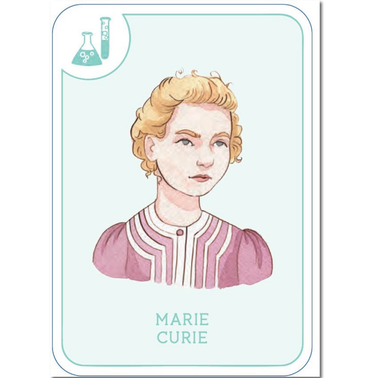 Card featuring an illustration of Marie Curie with a light blue background