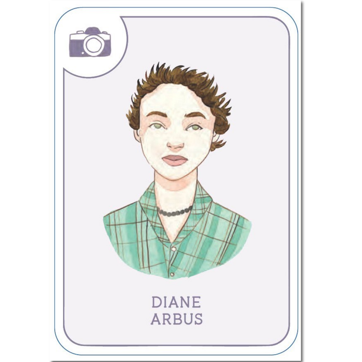 Card with a portrait of a person wearing a green plaid shirt, labeled 'Diane Arbus'.