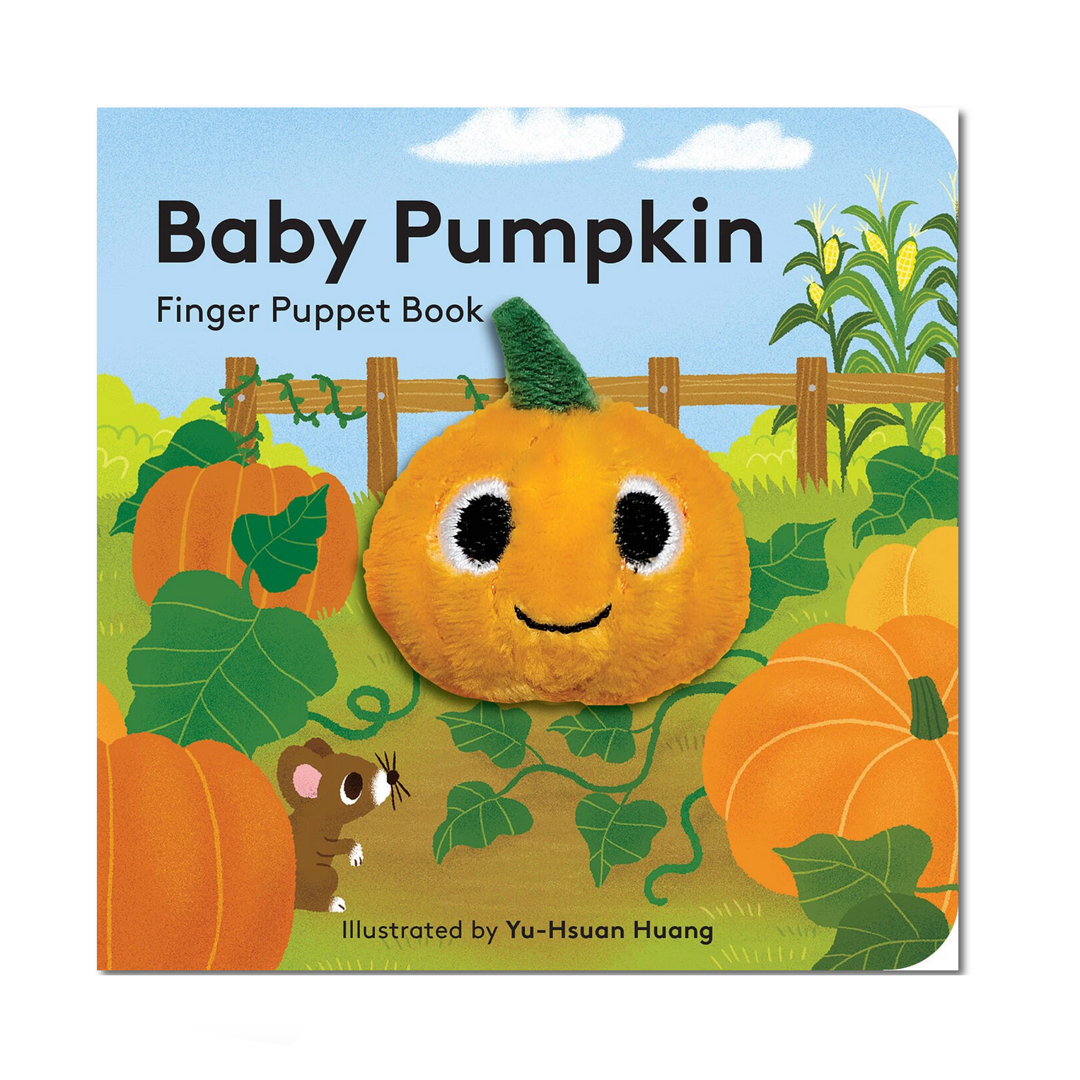 Baby Pumpkin finger puppet book cover with a smiling pumpkin on a computer screen.
