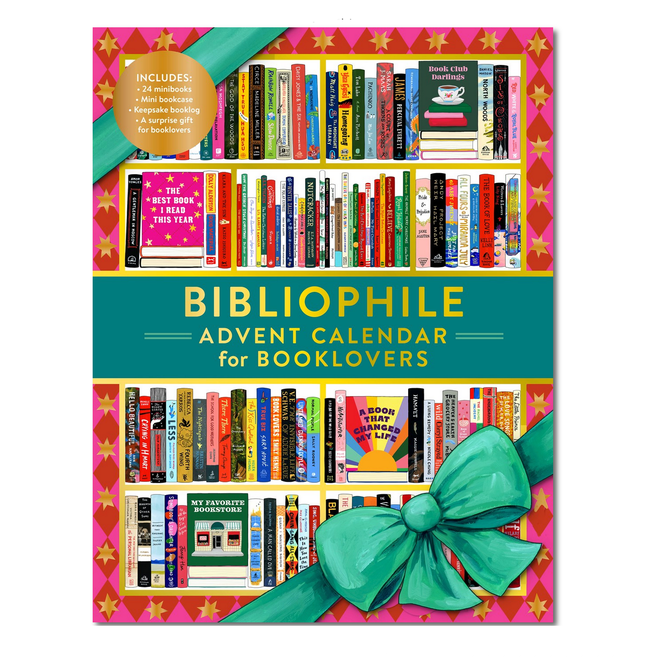 Bibliophile Advent Calendar for Booklovers with colorful design and green bow on a white background