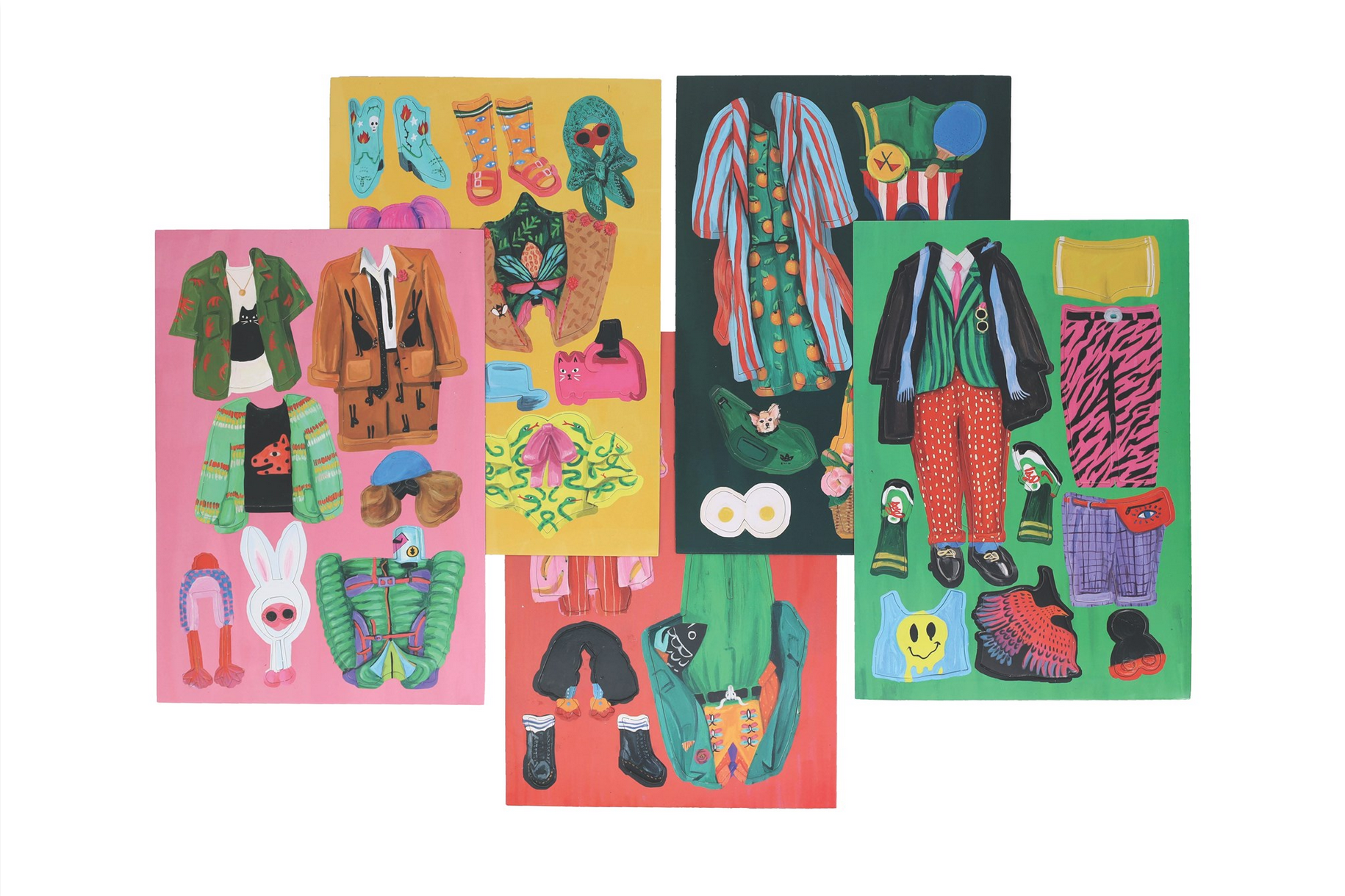 Set of colorful clothing and accessory cards on a white background