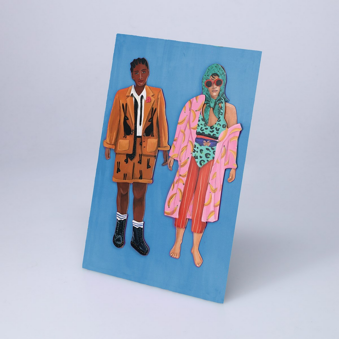 Illustrations of two people on a blue card with a white background