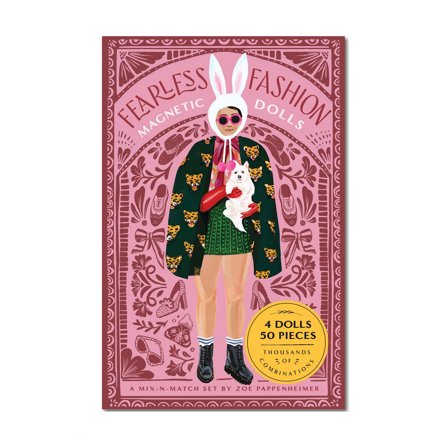 Product packaging with a stylized illustration of a person and dog on a pink background