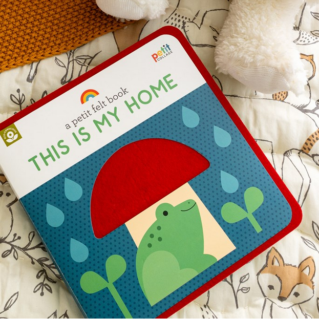 Children's book titled 'This is My Home' with a teddy bear and fox toy on a patterned surface.