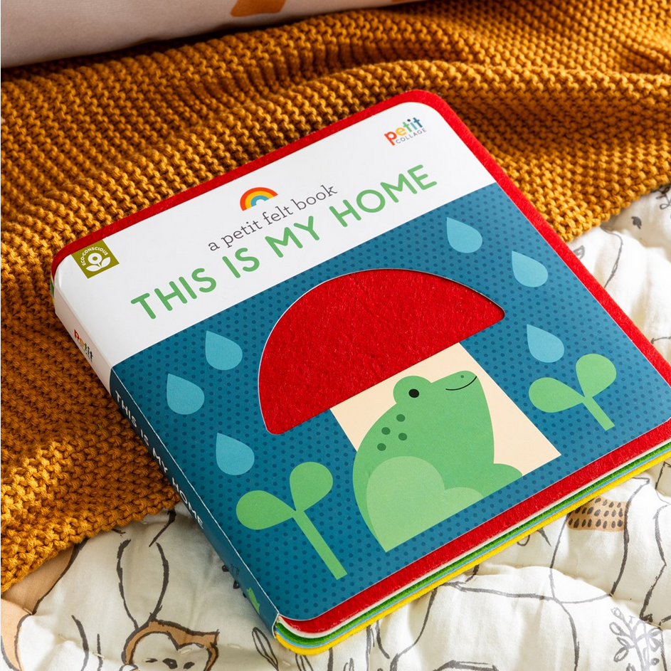Children's book titled 'This is My Home' with a red umbrella and green frog illustration on a textured surface.