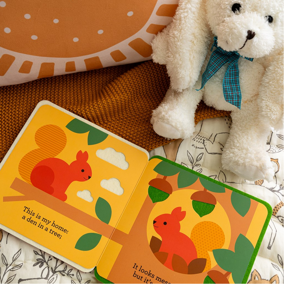 Children's book with a squirrel illustration next to a teddy bear on a textured surface.