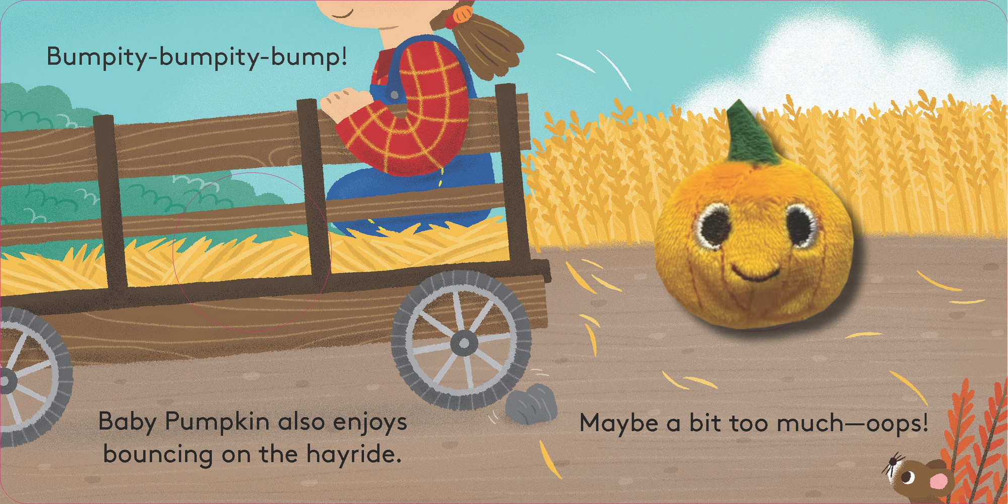 Illustration of a child in a hayride with a pumpkin, featuring text about a 'bumpy' ride.