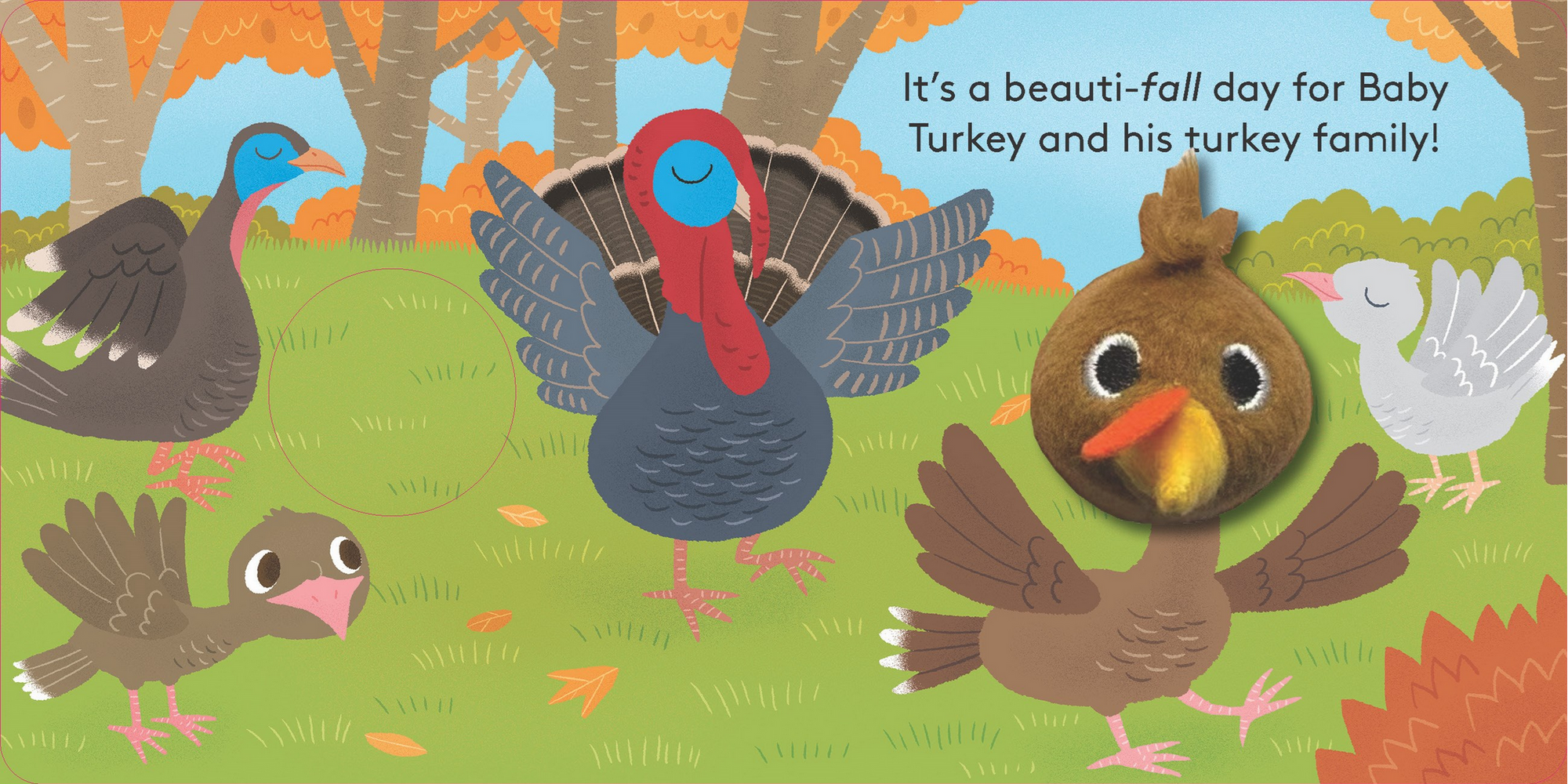 Illustration of turkeys in a forest with text about a 'beauti-fall' day.