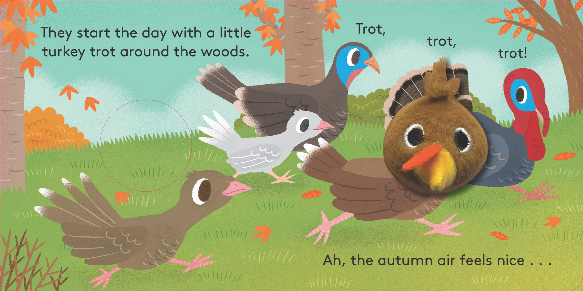 Illustration of turkeys in a forest with autumn leaves and text.