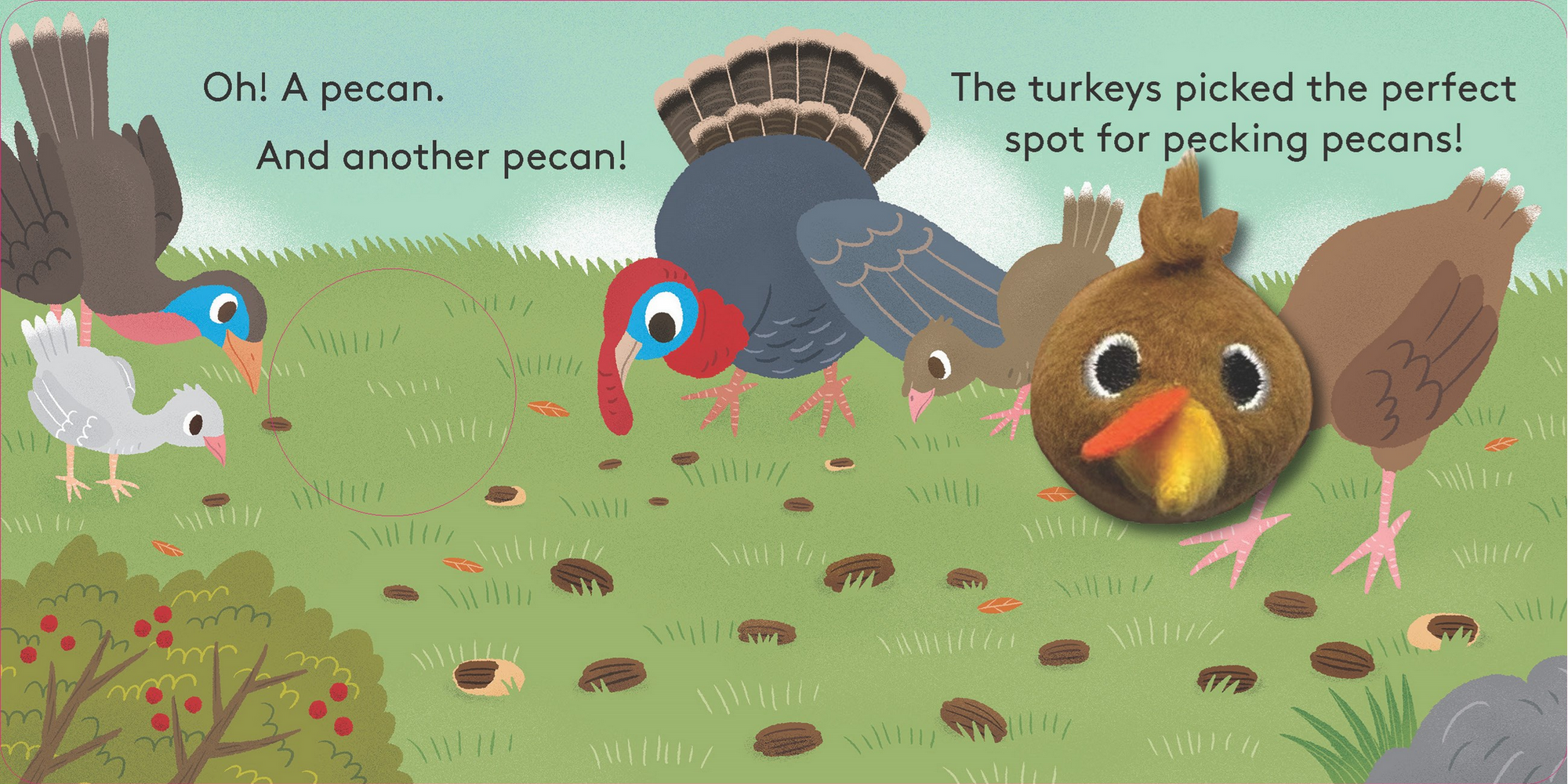 Illustration of turkeys picking pecans with text on a green background