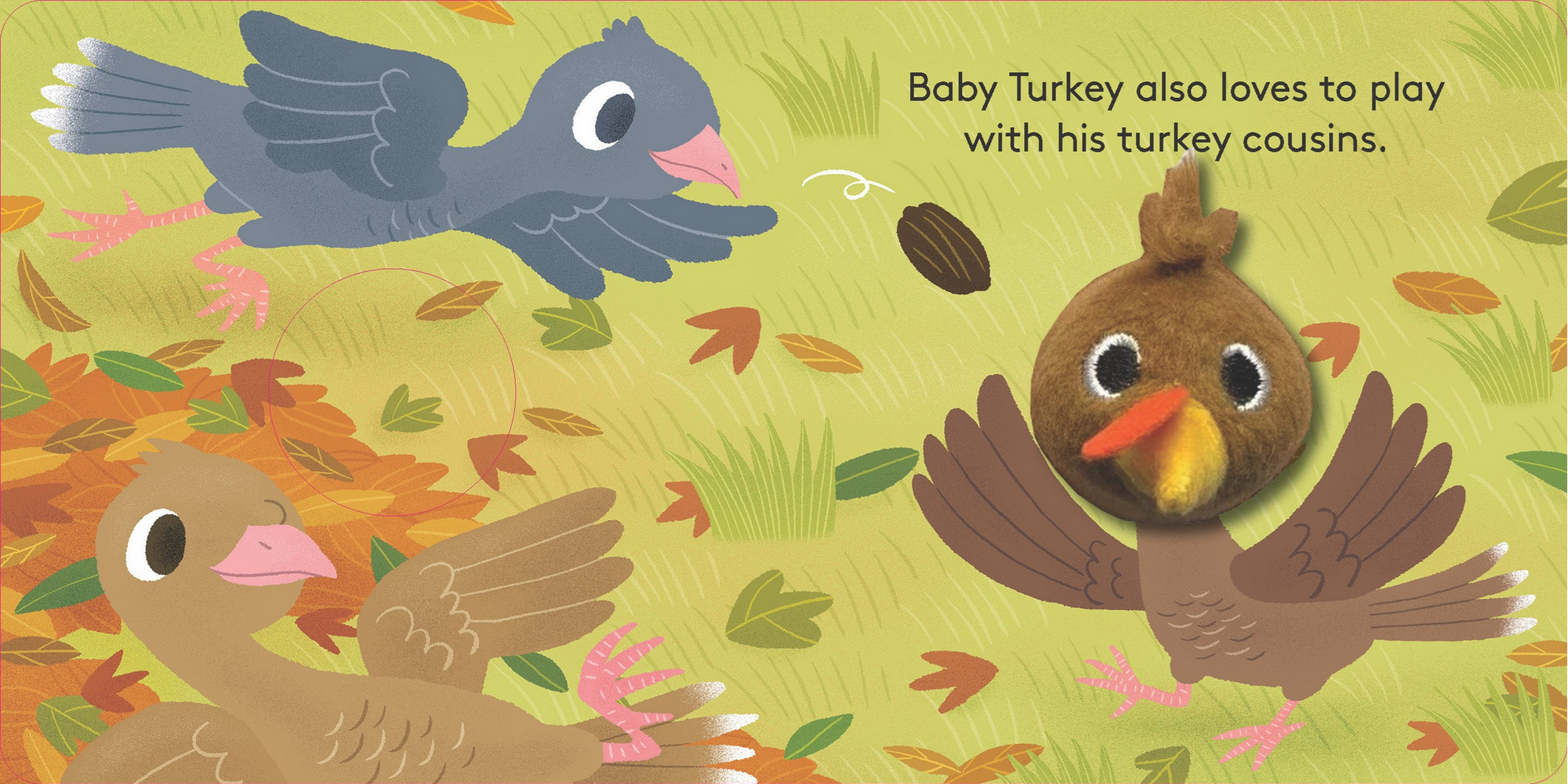 Illustration of baby turkeys playing on a leafy background with text.