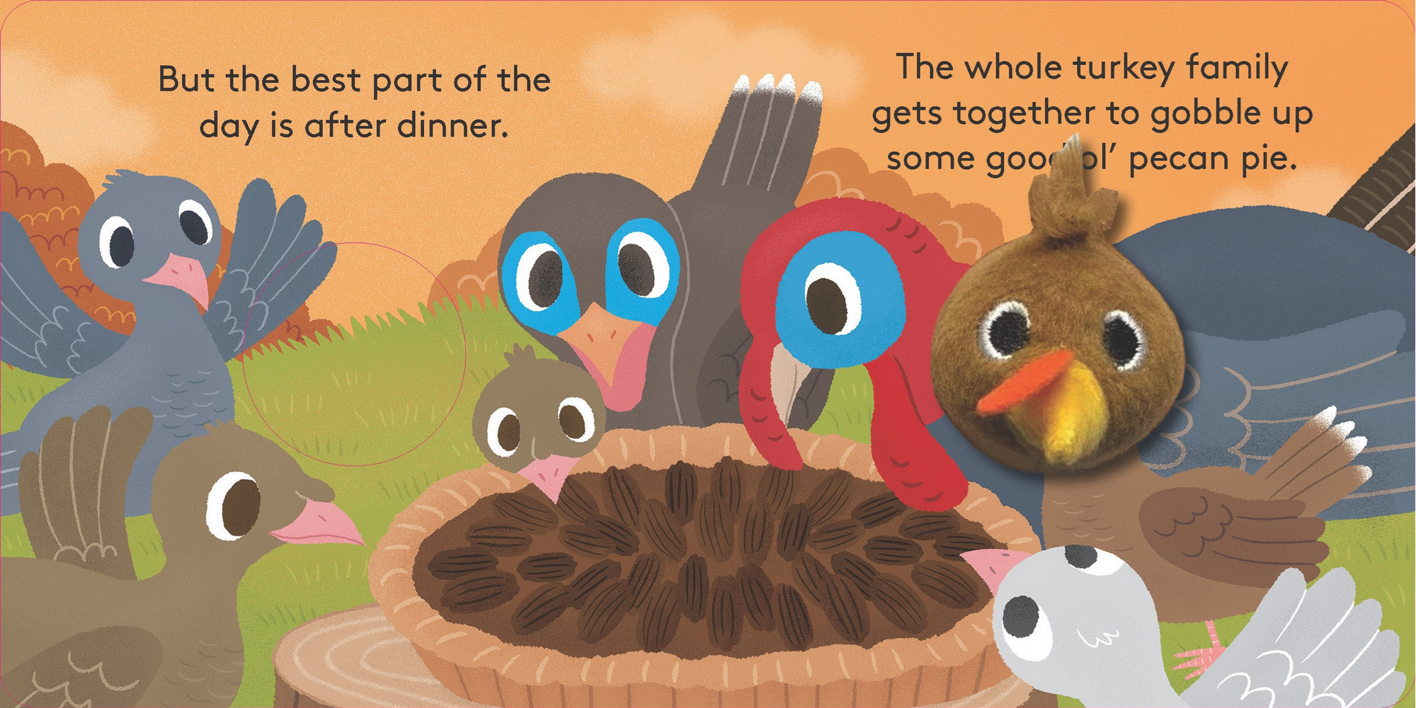 Illustration of turkeys around a pie with text about the best part of the day being after dinner.