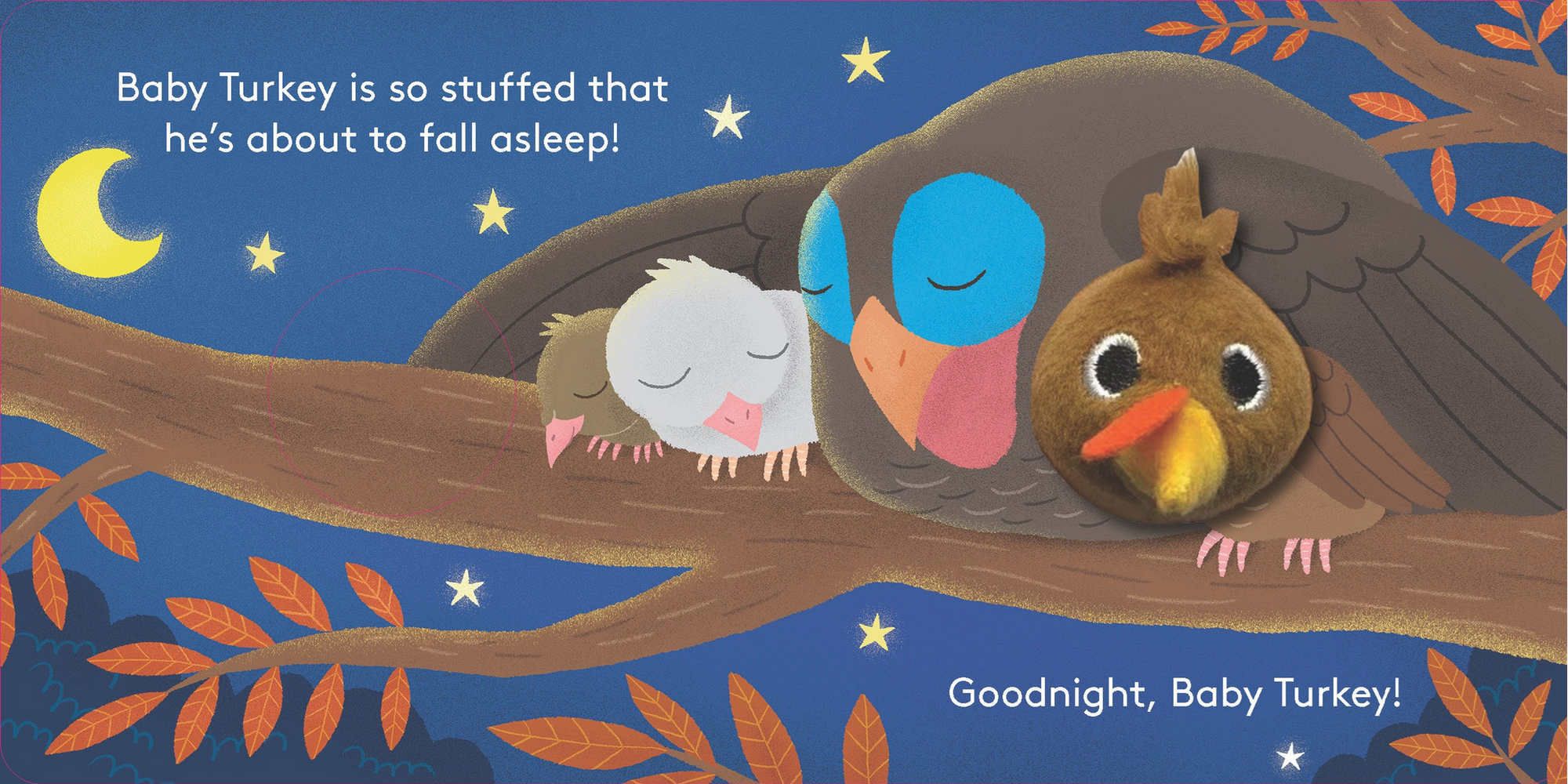 Illustration of a turkey family in a tree with a bedtime theme.