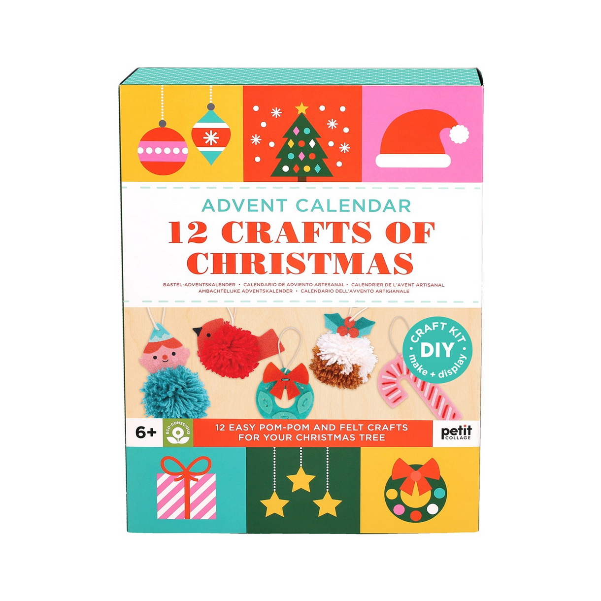 Advent calendar packaging for '12 Crafts of Christmas' with colorful design and text.