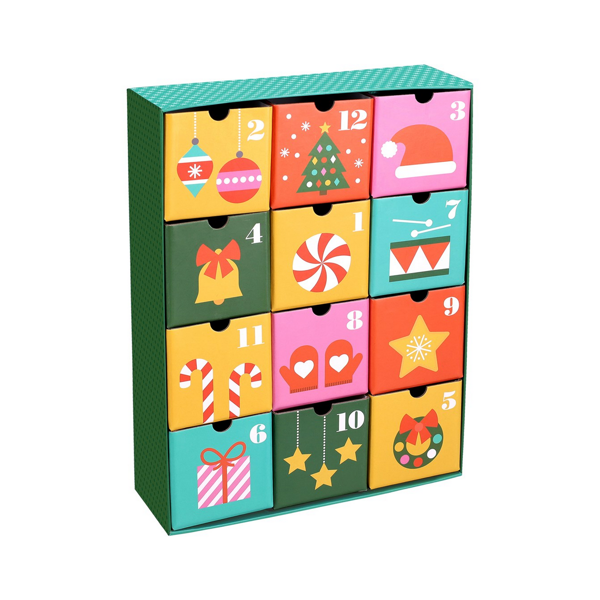 Colorful advent calendar with cartoon designs on a white background