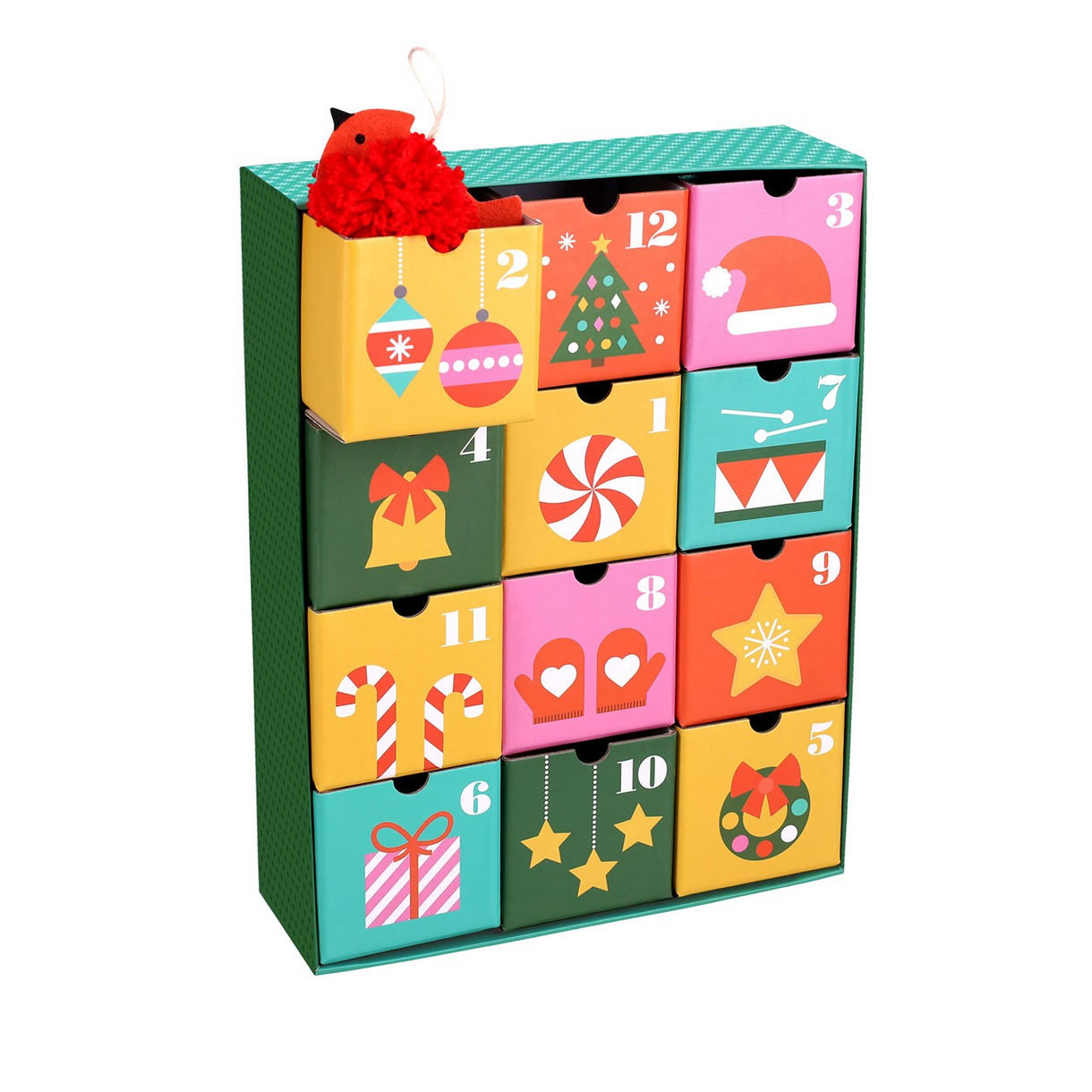 Colorful advent calendar with drawers and a small red fox toy on top