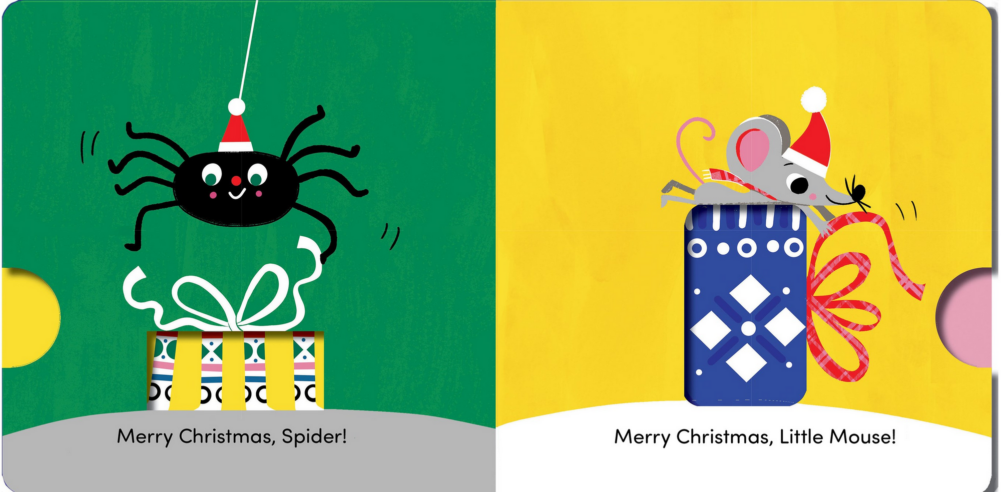 Children's book page with a spider and mouse on Christmas presents against a green and yellow background.