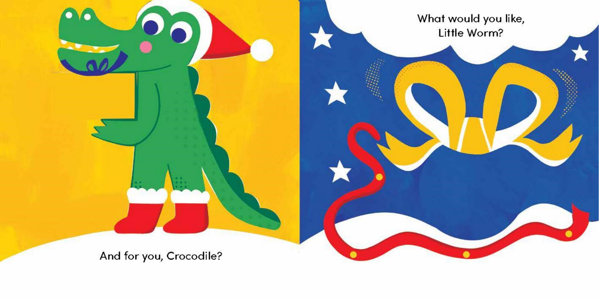 Illustration of a green crocodile in a Santa hat with a yellow ribbon and text on a divided background.
