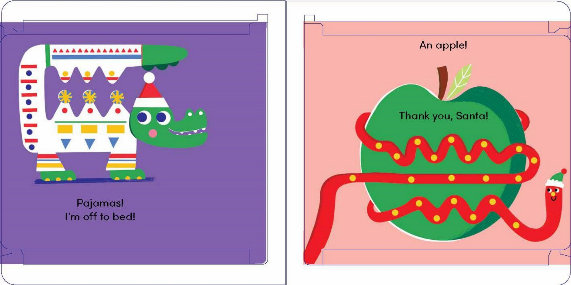 Two children's book pages with a crocodile and an apple illustration.