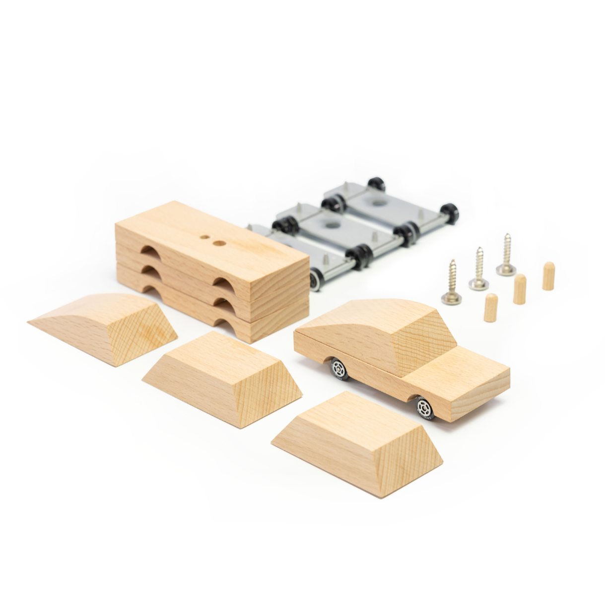 Wooden toy car set with tools on a white background