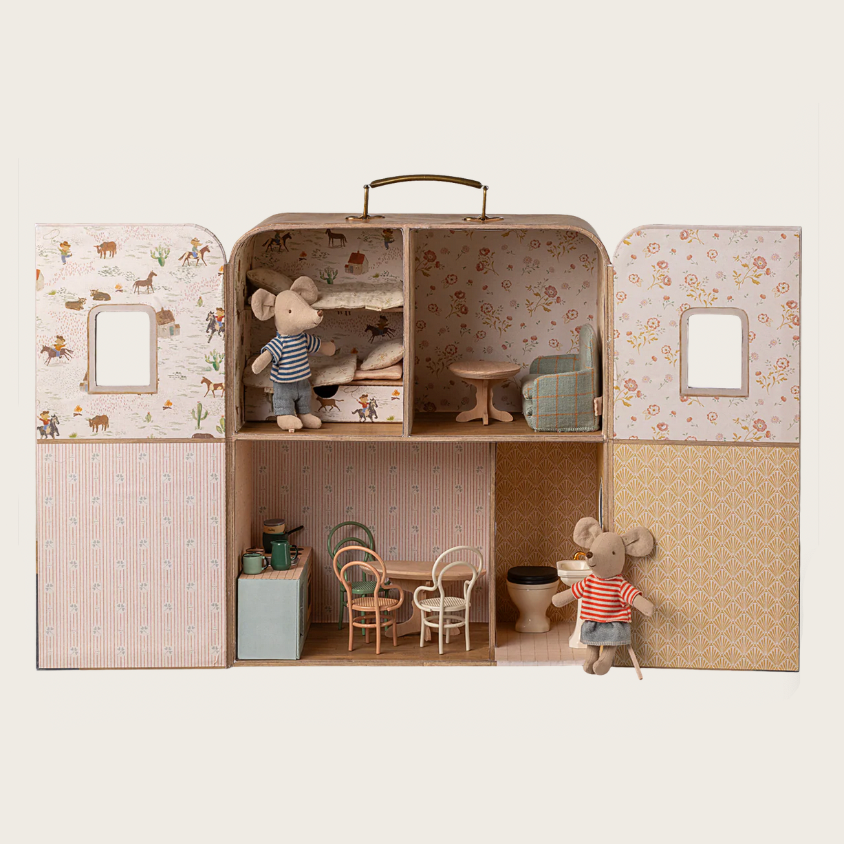 Miniature dollhouse with toy mice and furniture 