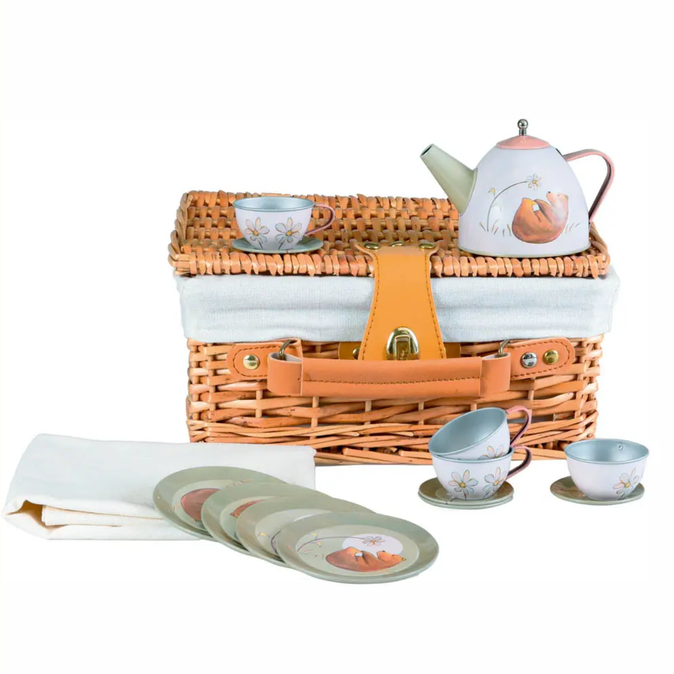 Picnic basket set with teapot, cups, and coasters on a white background