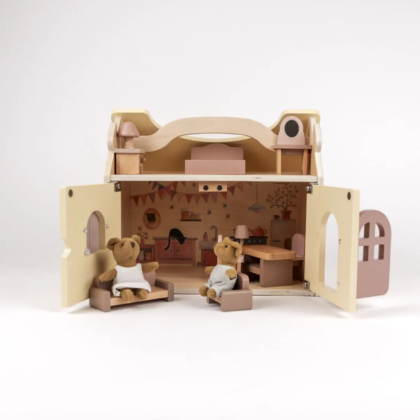 Wooden playhouse with teddy bears on a white background