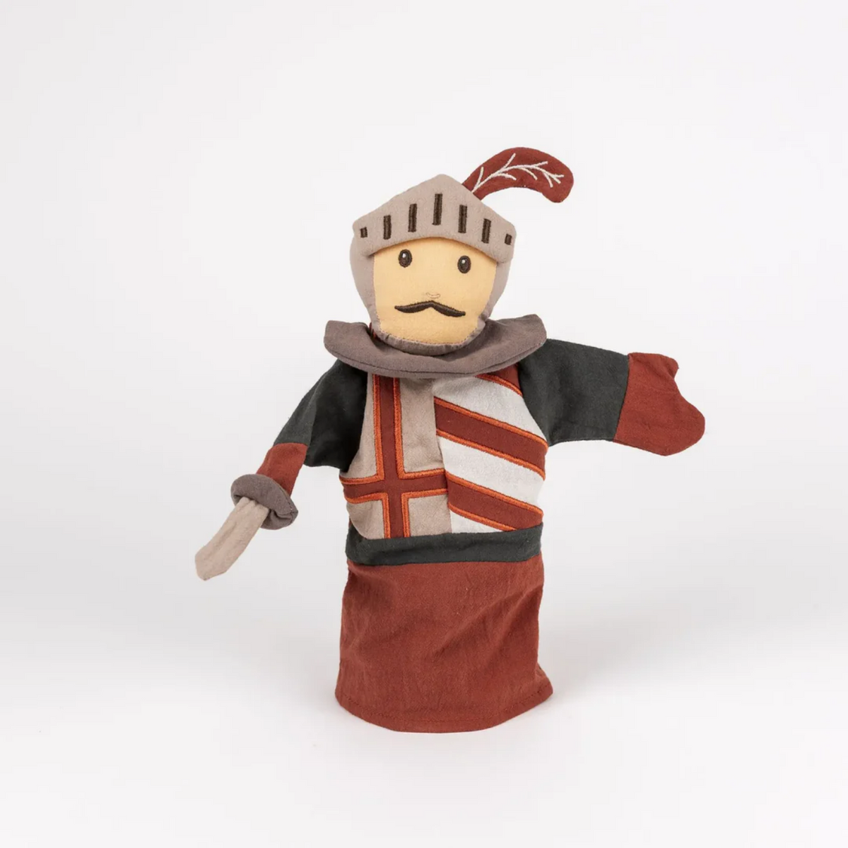 Toy knight figure with a helmet, armor, and sword on a white background
