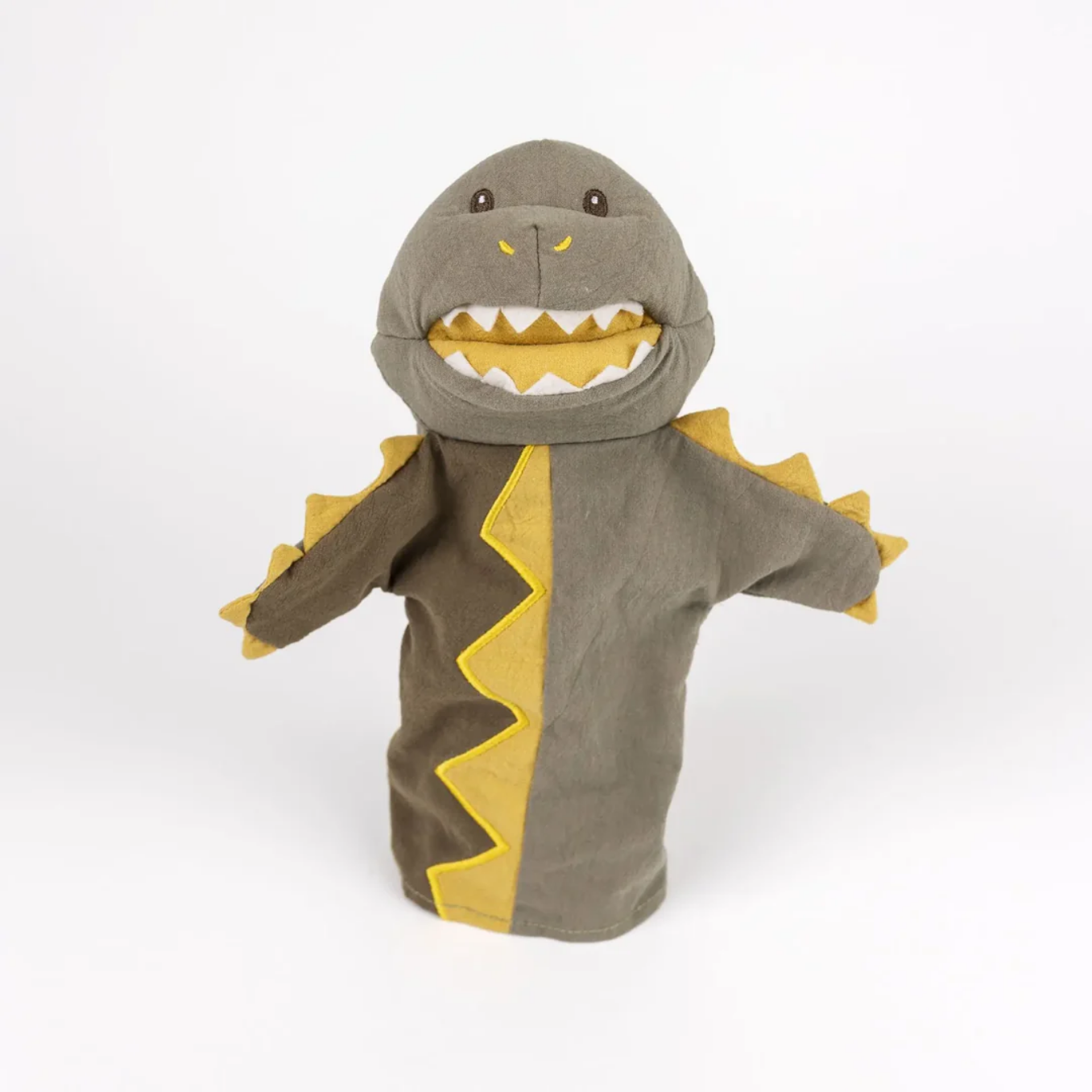 Hand puppet shaped like a dinosaur with a gray body and yellow accents on a white background