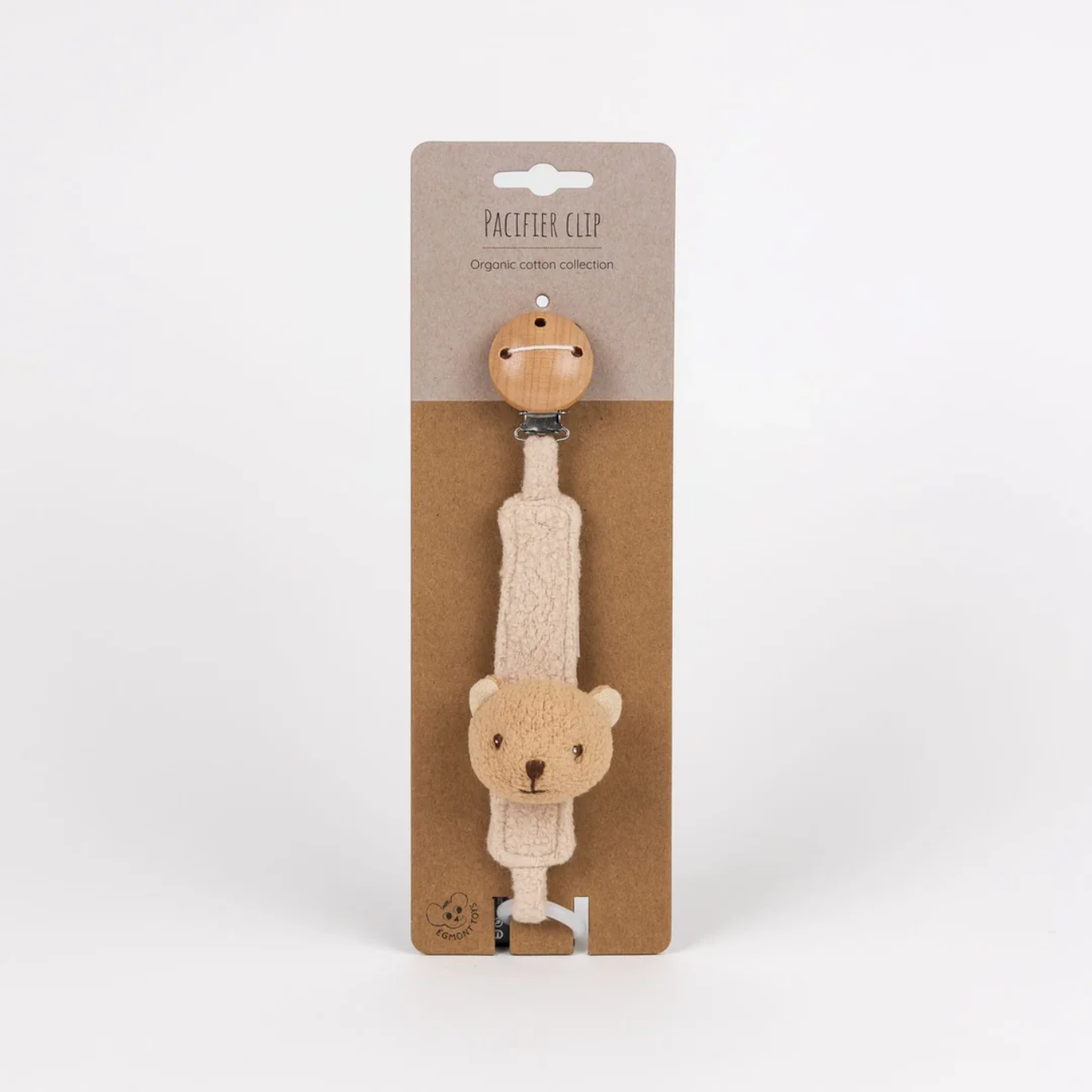 Pacifier clip with bear design on a beige card against a white background