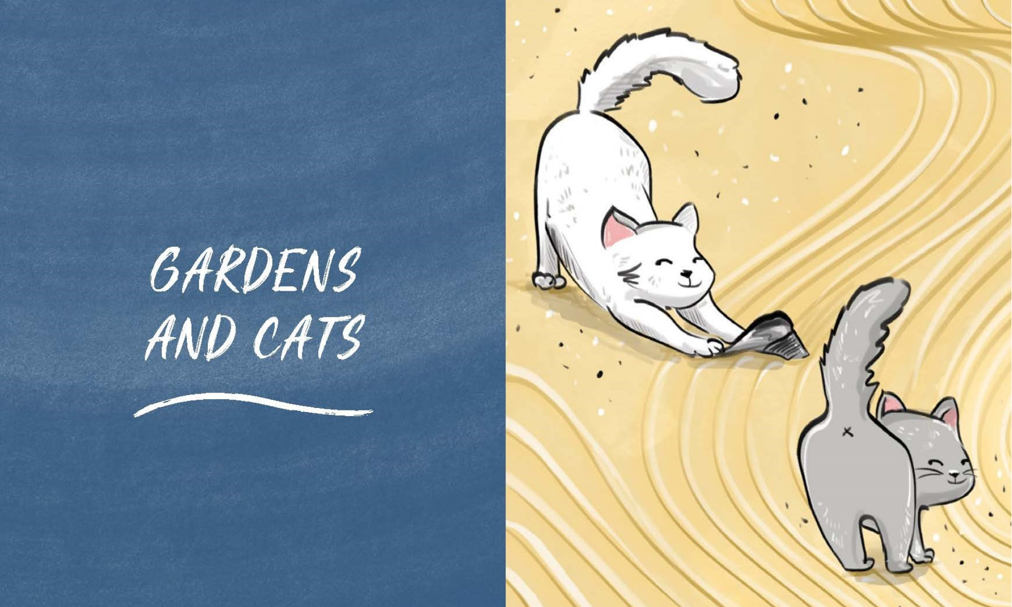 Illustration of a white cat and a gray cat on a wavy yellow background with 'Gardens and Cats' text.