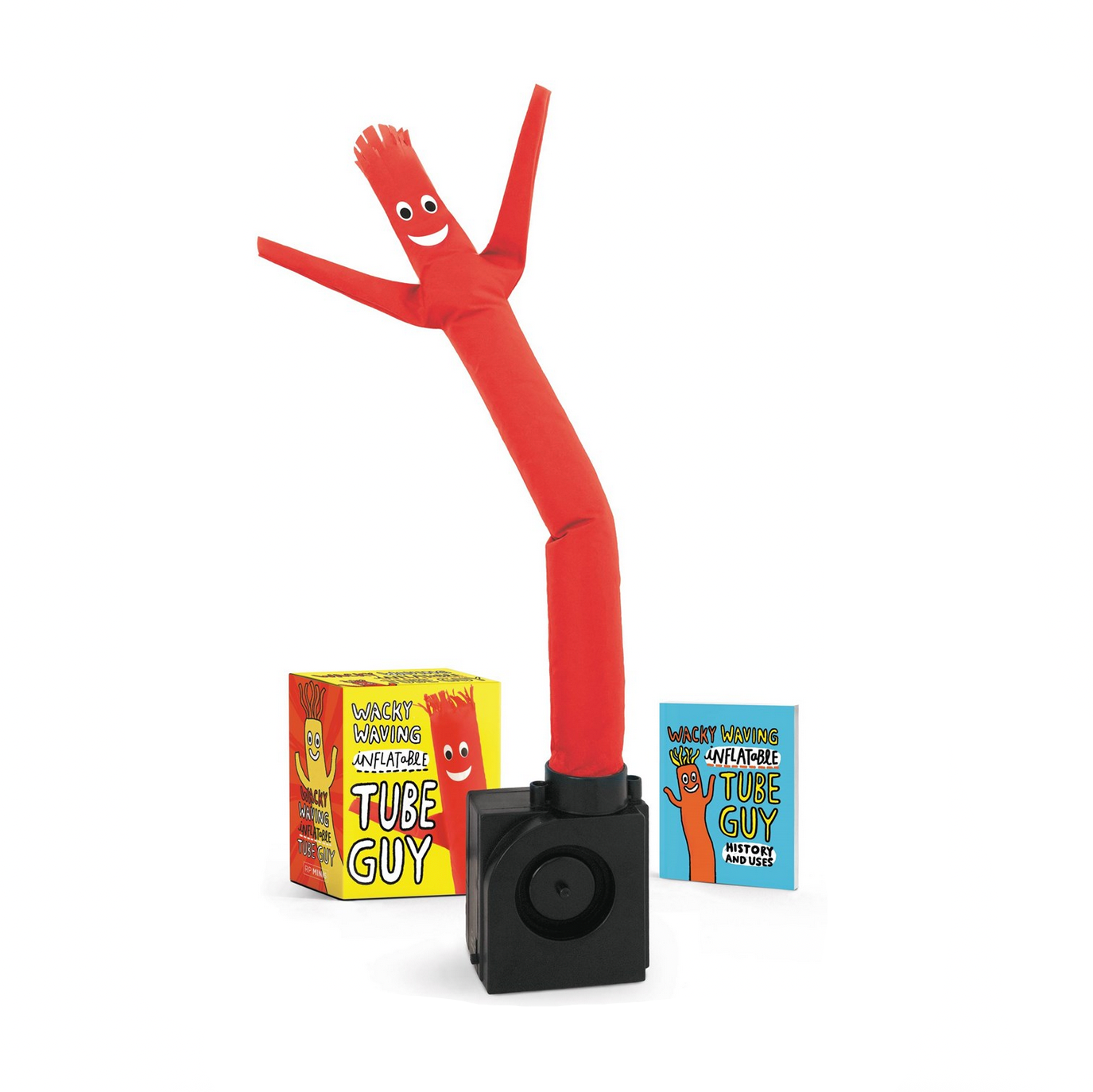 Red inflatable tube man with a black base on a white background