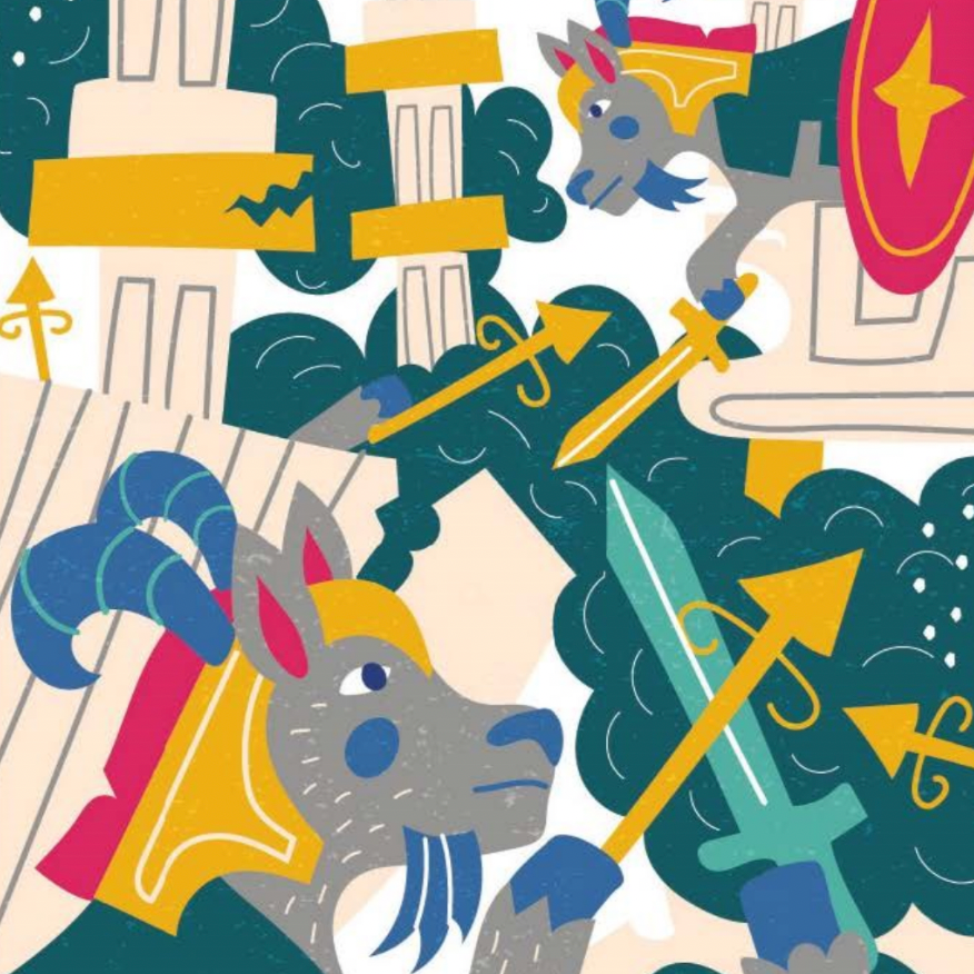 Colorful illustration of a dragon with armor and weapons on a decorative background