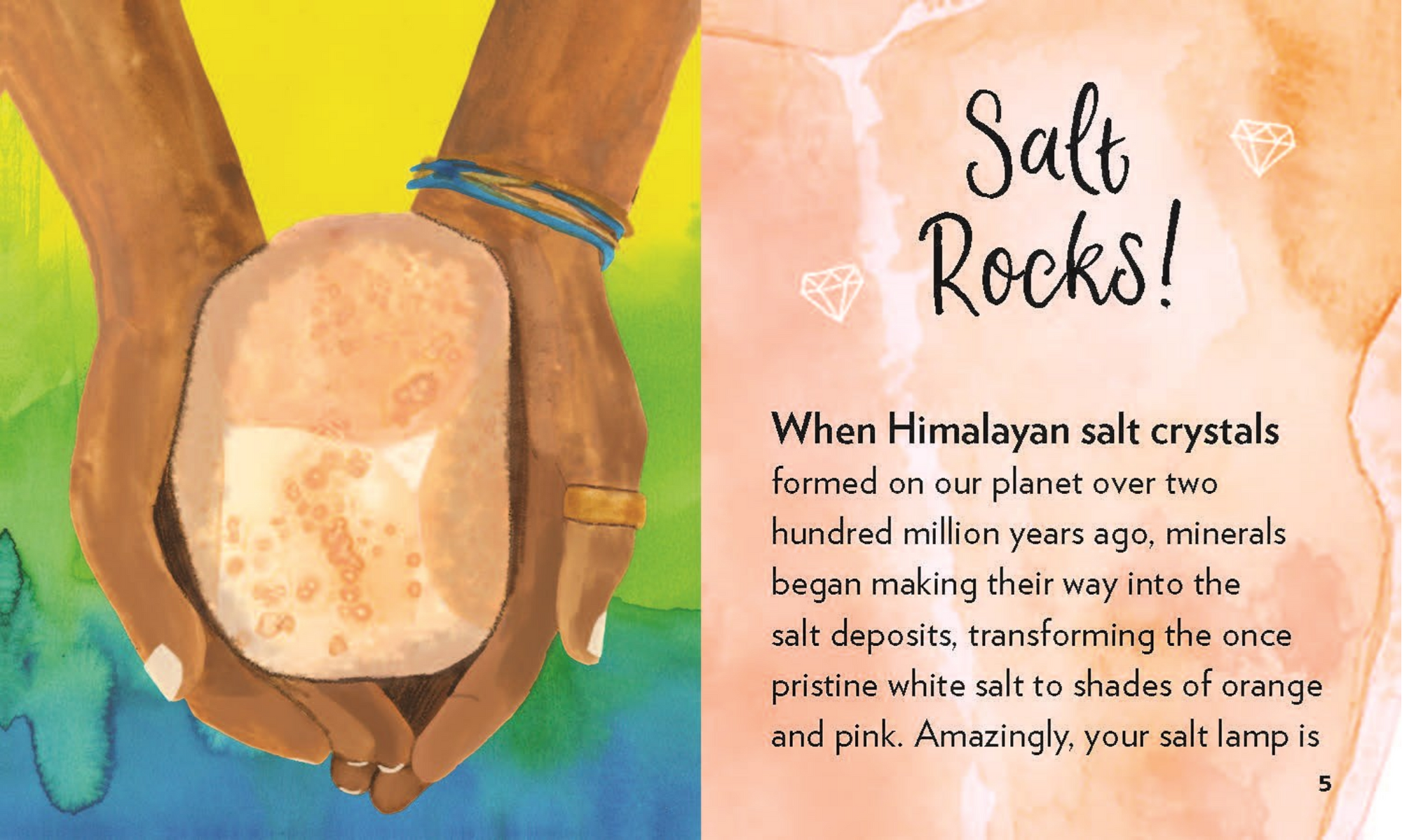 Hand holding a Himalayan salt crystal with educational text about salt rocks on a colorful background