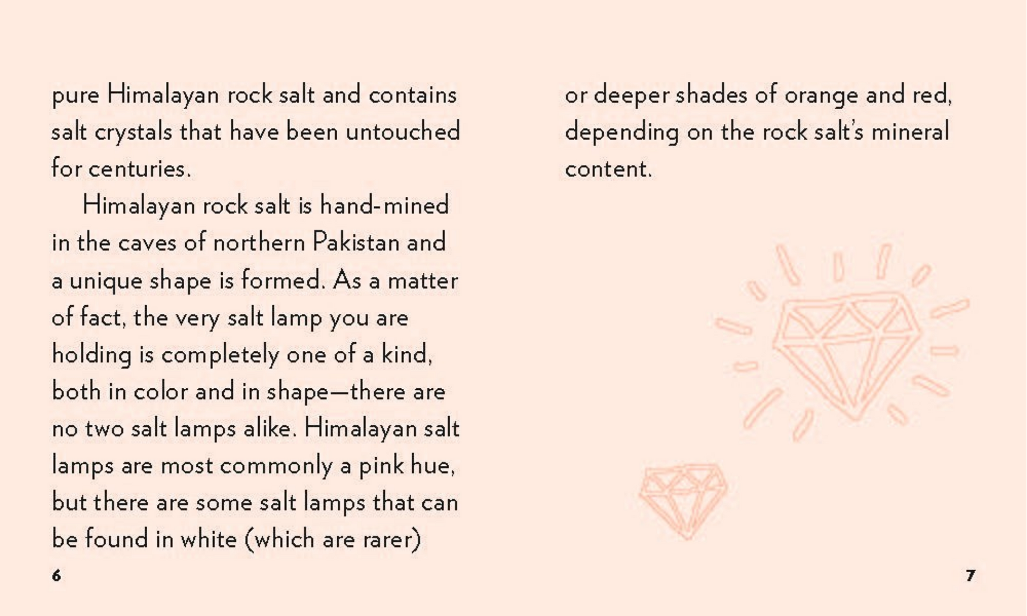 Text describing Himalayan rock salt and salt lamps with a pink background and diamond illustration.