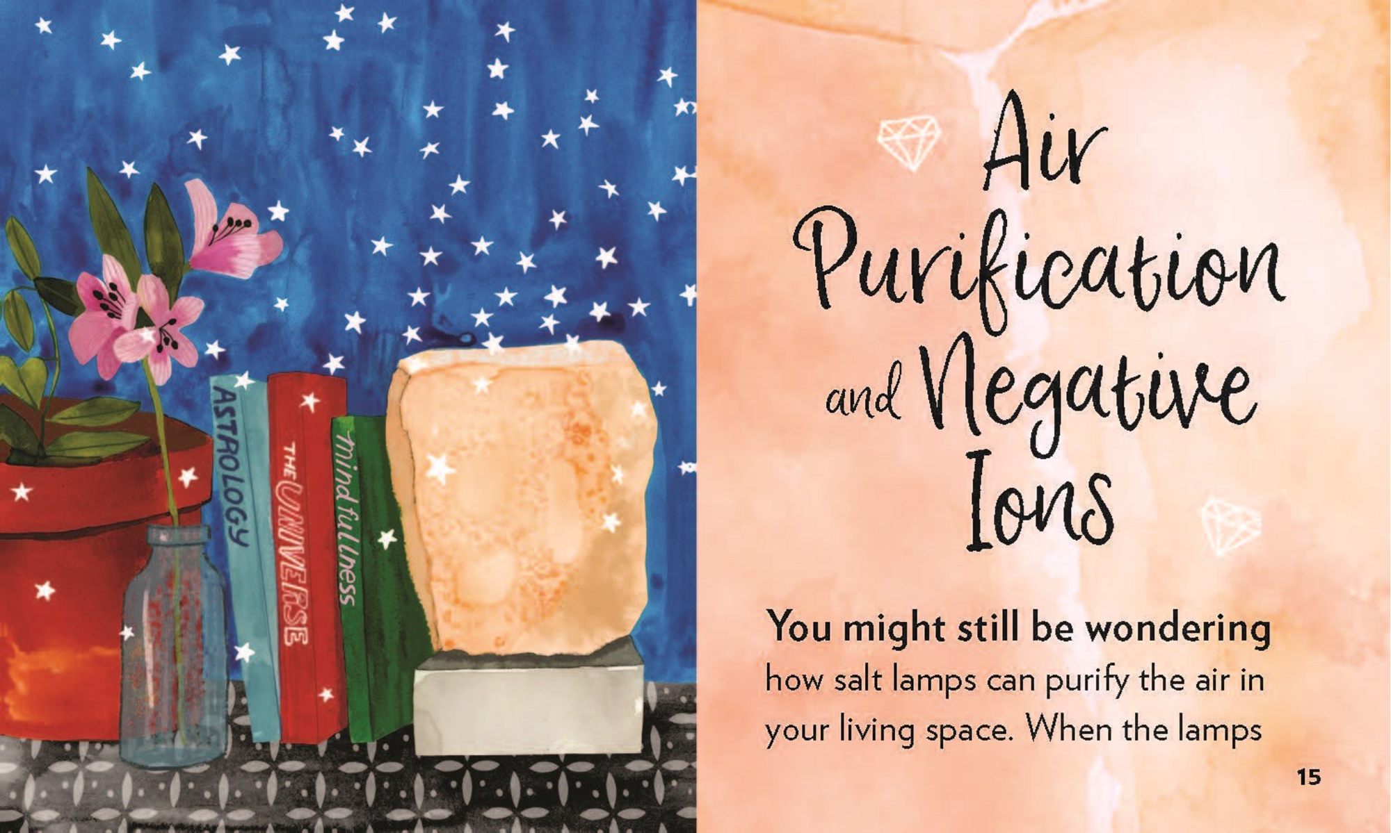 Salt lamp with books and flowers on a decorative background with text about air purification and negative ions.