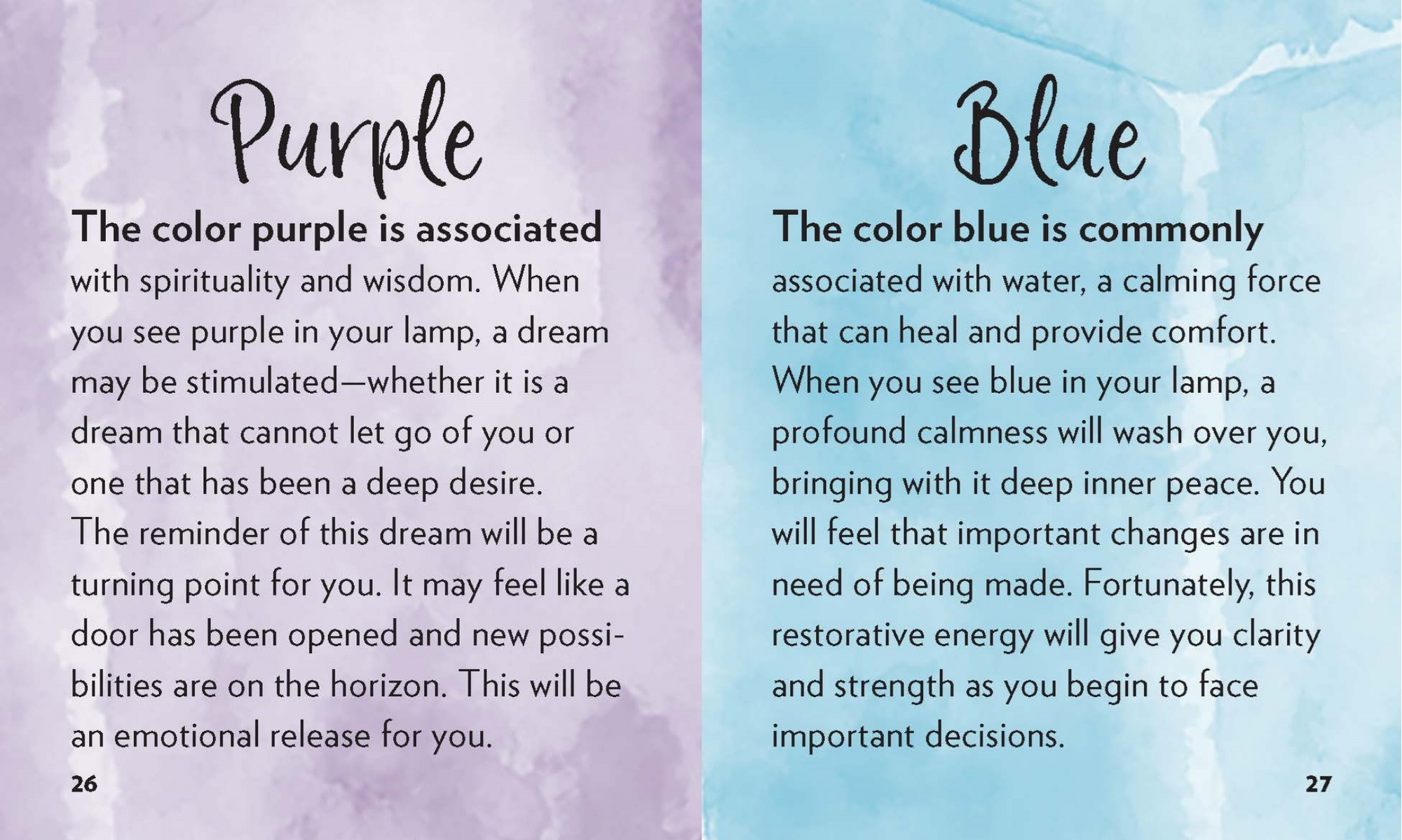 Pages from a book or magazine about the meanings of purple and blue colors, with text on a watercolor background.