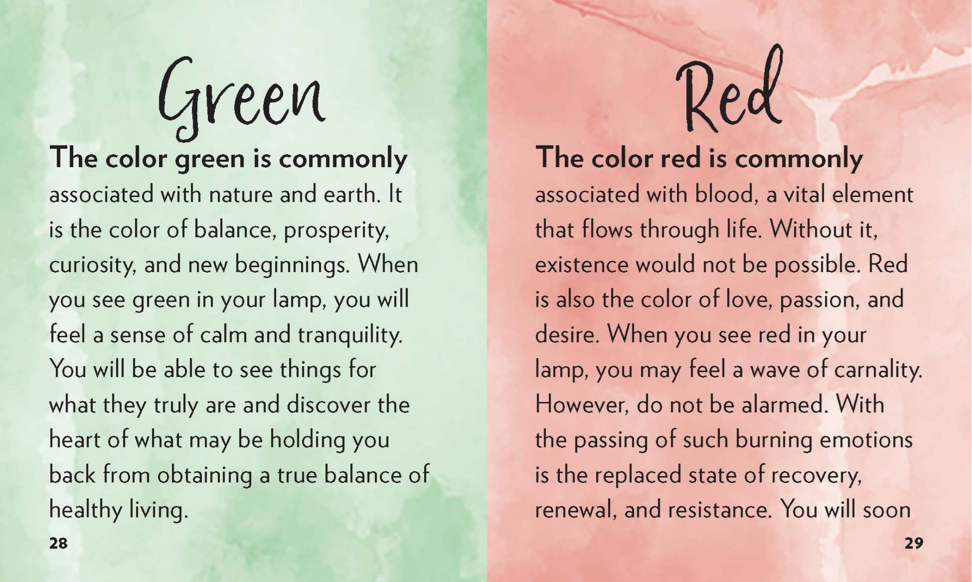 Pages from a book or magazine about the colors green and red with text on a green and pink watercolor background.