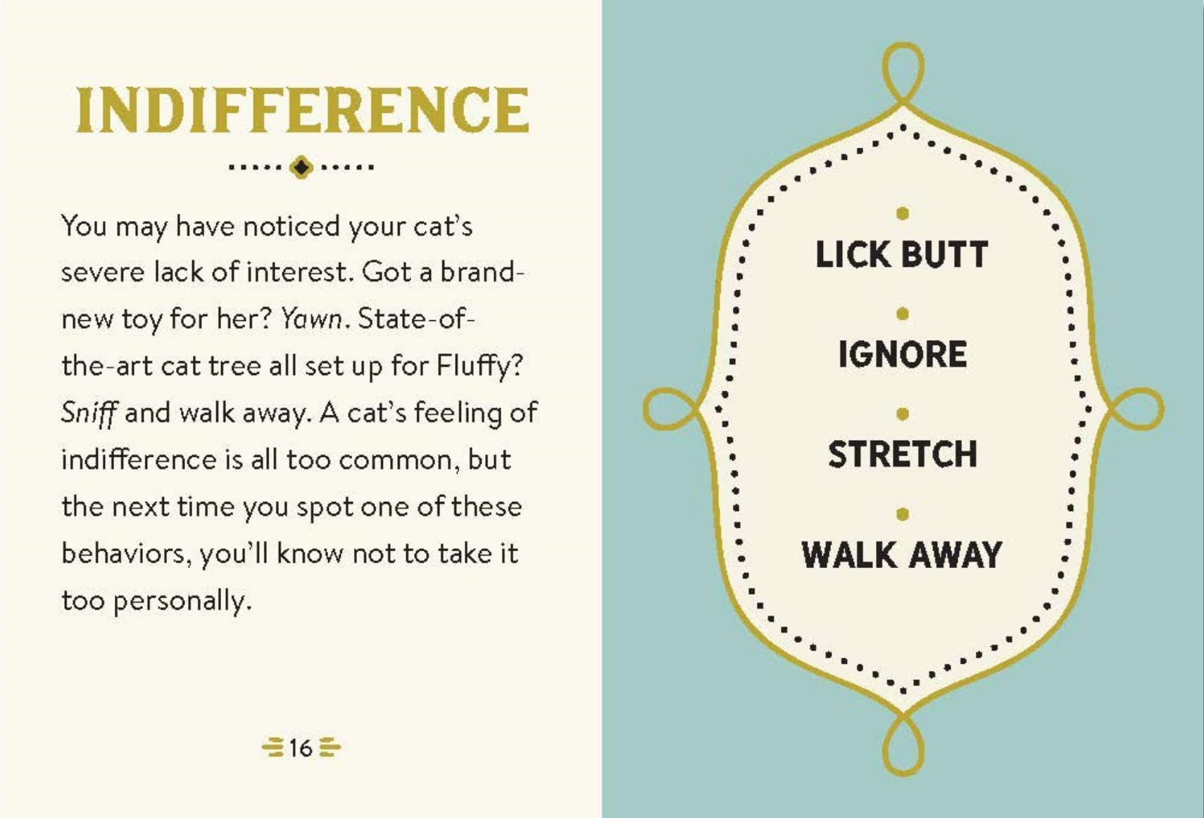 Page from a book or magazine about a cat's indifference behavior with text and design elements.