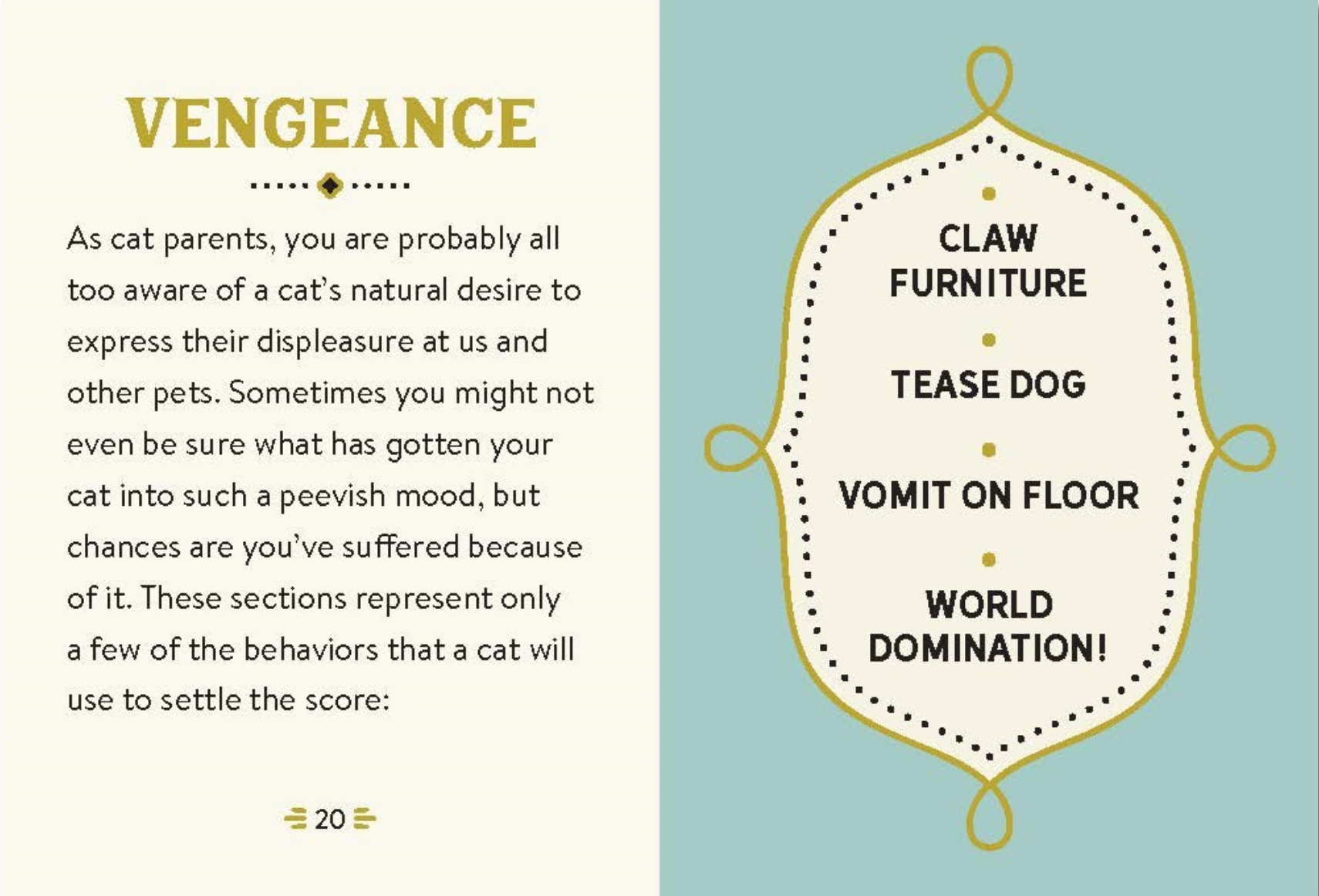 Comic book page with text about cat behaviors and a decorative emblem on a light blue background.