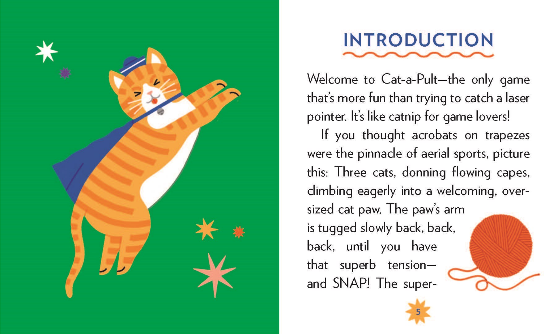 Illustration of a cat playing with a yarn ball on a green background, with text about 'Cat-a-Pult' game.